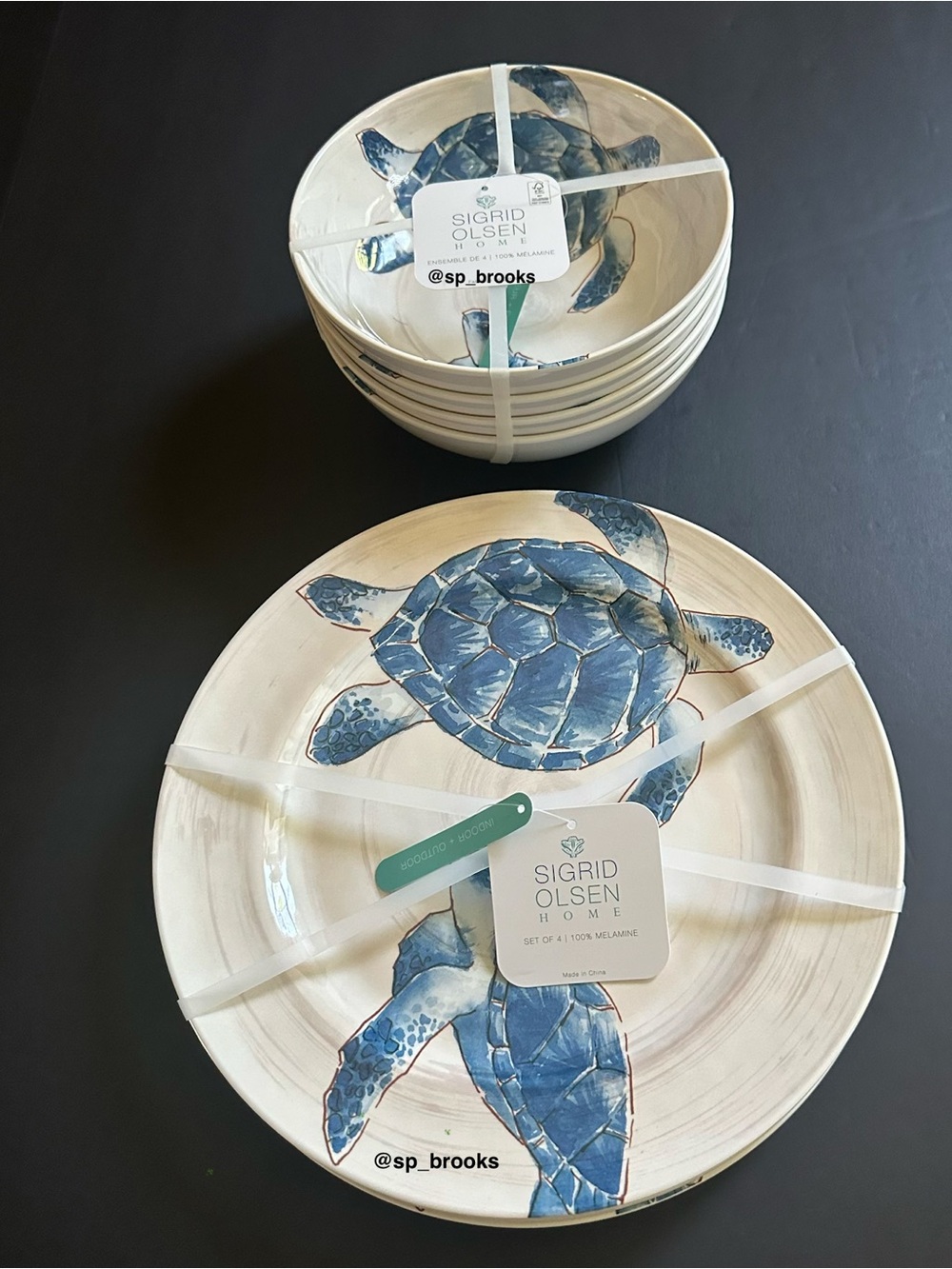 🎁8PC SIGRID OLSEN Melamine Dinner Plates & Bowls - Coastal Turtoise Dinnerware
